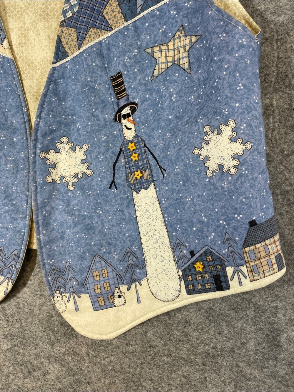 Vintage Winter Snowman Patchwork Vest Blue Cream Christmas Holiday Cottagecore - Picture 4 of 12